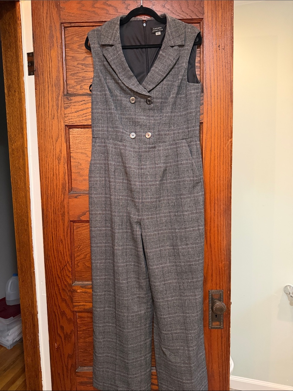 Tahari ASL Gray Plaid Double-Breasted Sleeveless Jumpsuit
